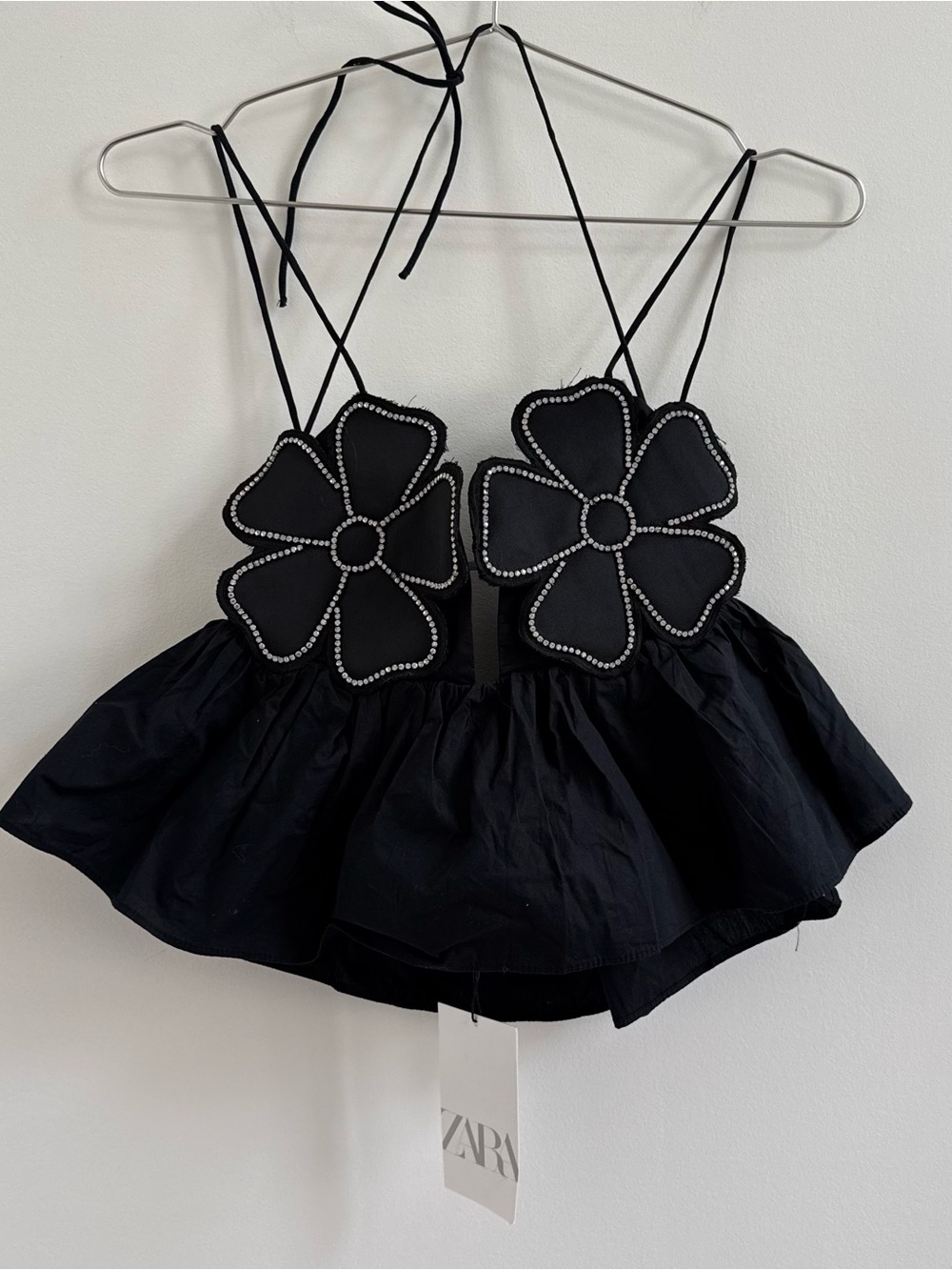 Zara Black Floral Appliqué Cropped Spaghetti Strap Top